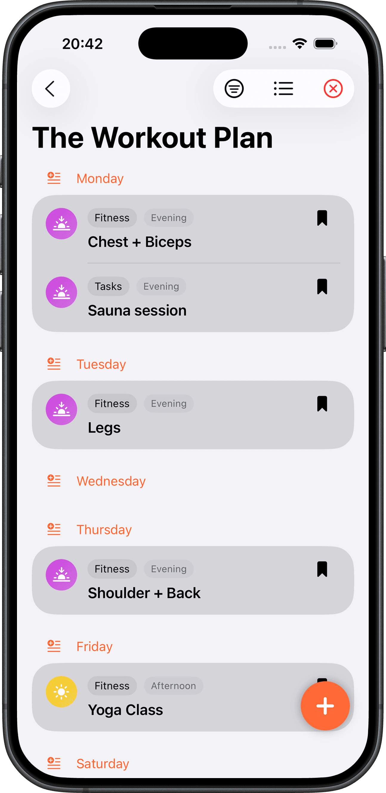 Weeksy App Calendar view showing a weekly plan with a few items saved throughout the week